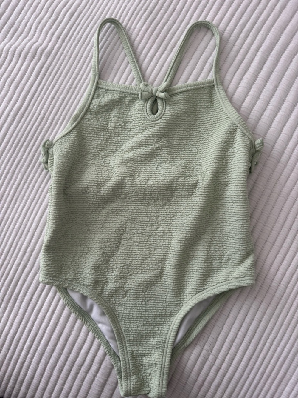 Kids Sage Green Textured One-Piece Bodysuit with Knot Detail